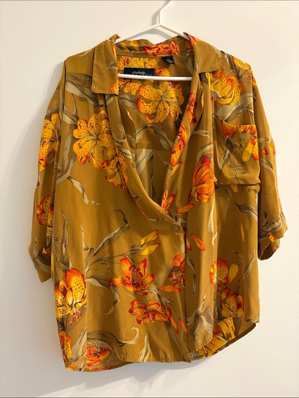 Silk vintage floral tiger lily Button-Front Blouse in Mustard